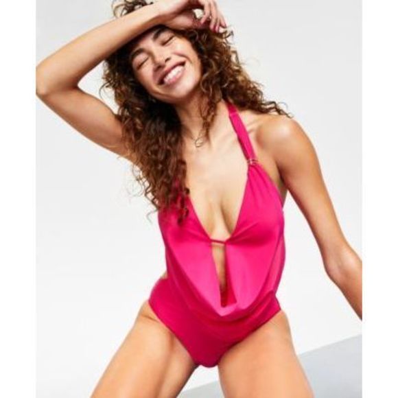Bar III Other - NWT Bar III Solid Cowlneck One-Piece Swims Ruby Pink